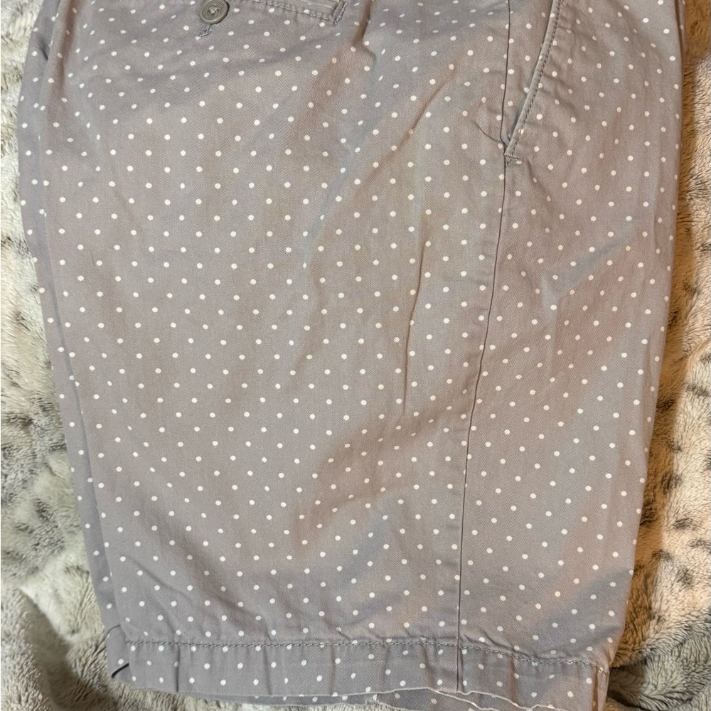 Ann Taylor Loft Ladies gray/white polka dot, size 10, low waist/zip up shorts.